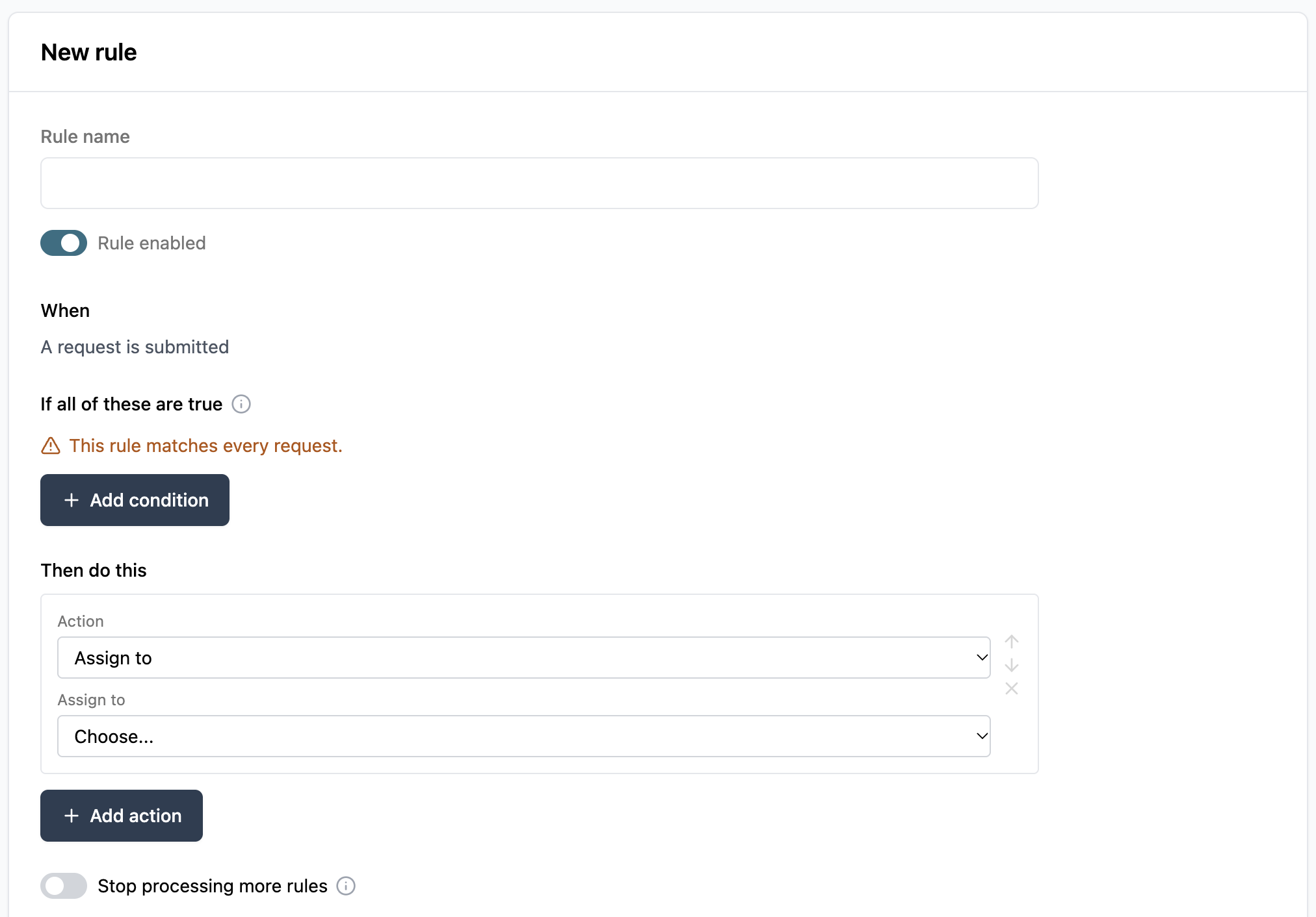 Creating a new rule with conditions and actions for request management.